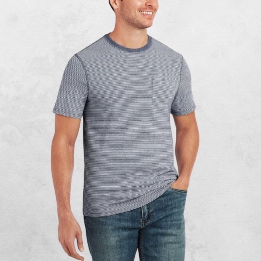 Member's Mark Striped Tee Front Pocket Crew Neck Soft Wash Blue & White Men's L